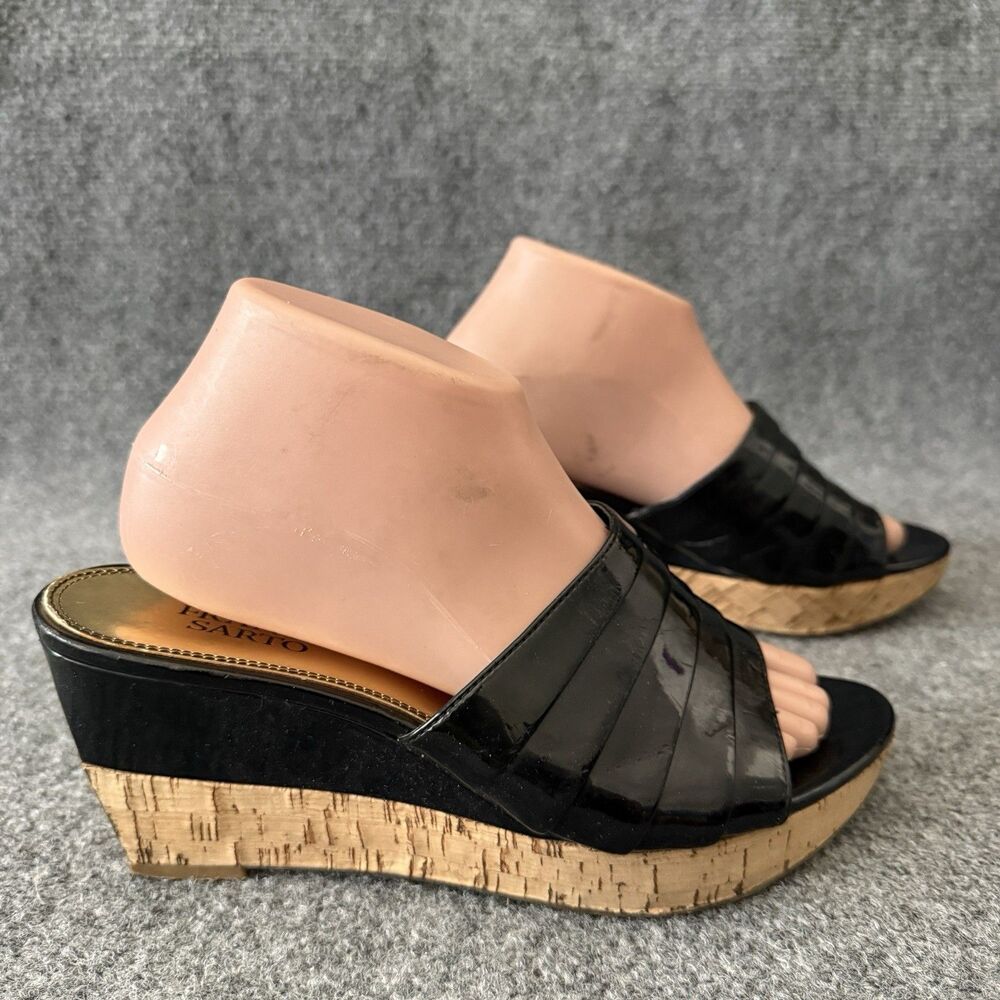 Franco Sarto Black Patent Leather Cork Wedge Sandals Women's Platform Slides 9 M